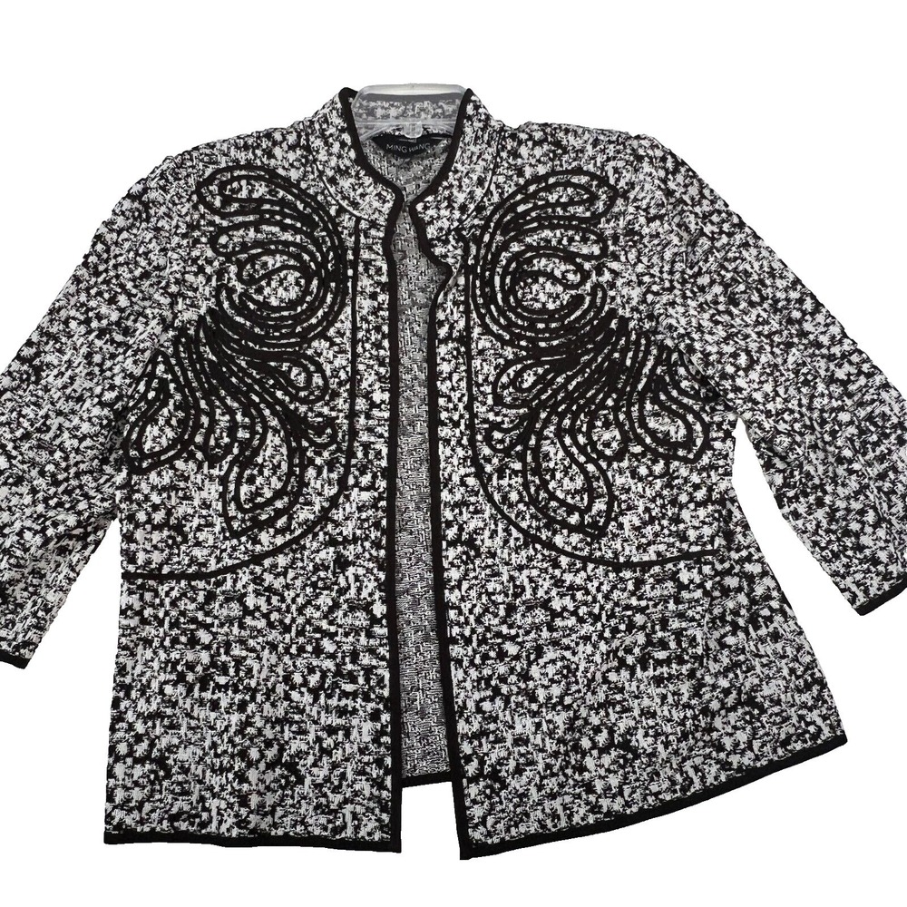 Ming Wang‎ Blazer Womens White Black Mandarin Collar 3/4 Sleeve Knit Jacket PXL - Picture 2 of 12